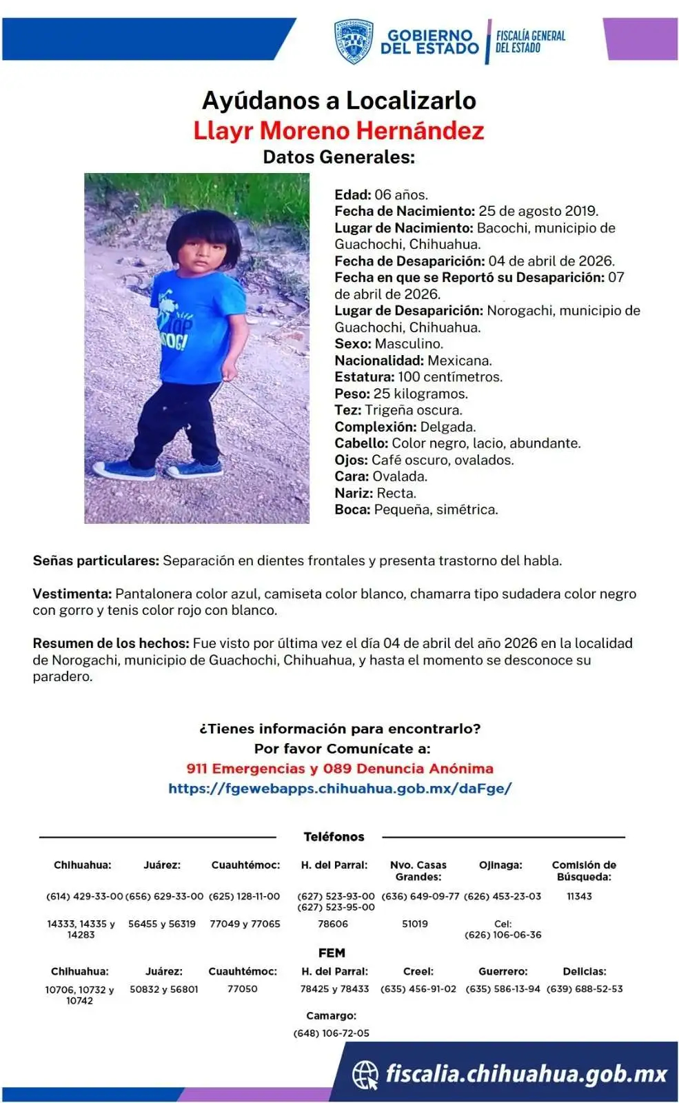 Buscan a niño desaparecido en Guachochi